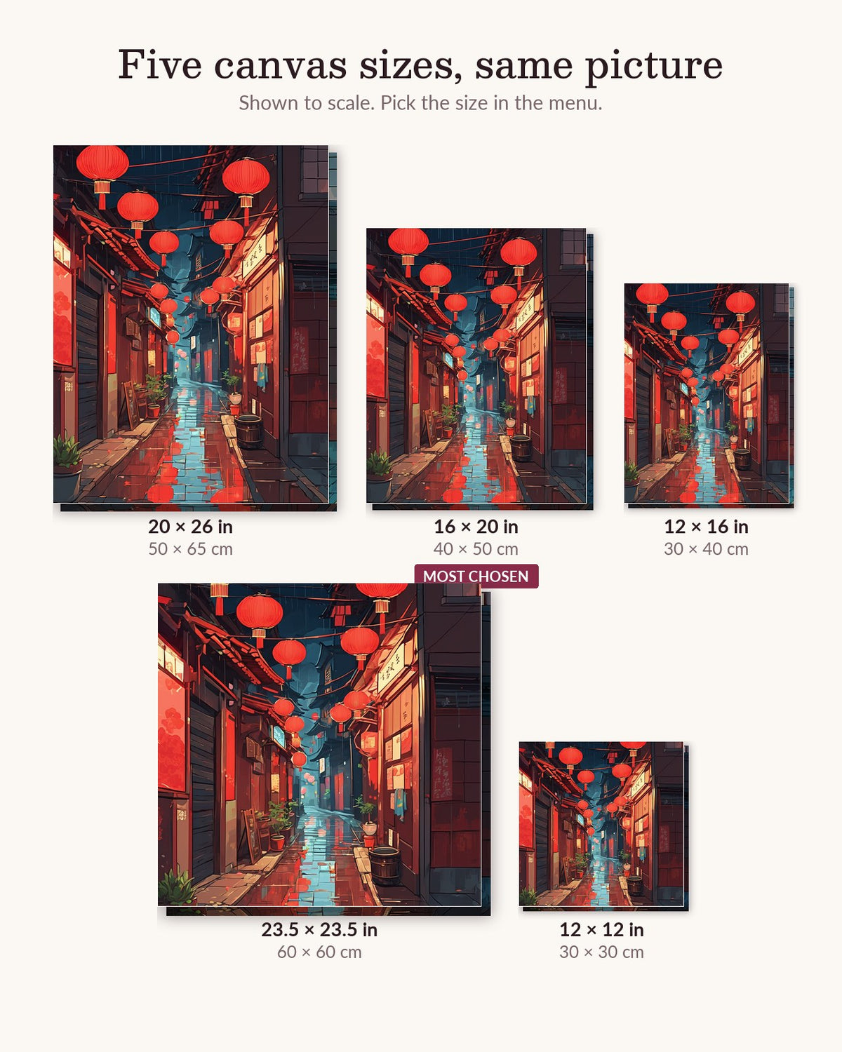 Anime Rainy Lantern Alley canvas sizes from 12 x 12 to 23.5 x 23.5 inches