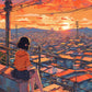 Anime Rooftop Sunset paint by numbers kit, a girl seen from behind on a rooftop watching an orange sunset over a Japanese city