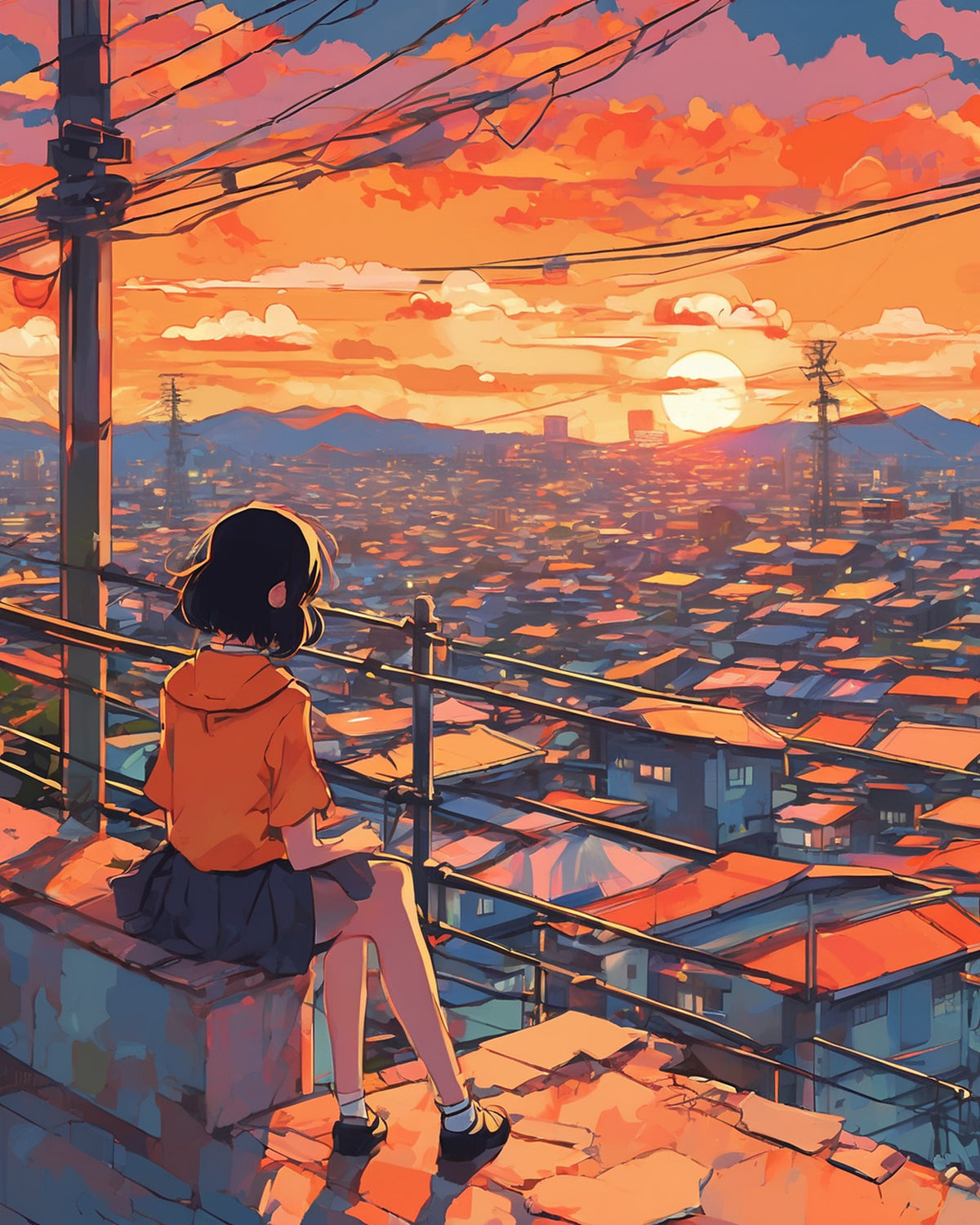 Anime Rooftop Sunset paint by numbers kit, a girl seen from behind on a rooftop watching an orange sunset over a Japanese city