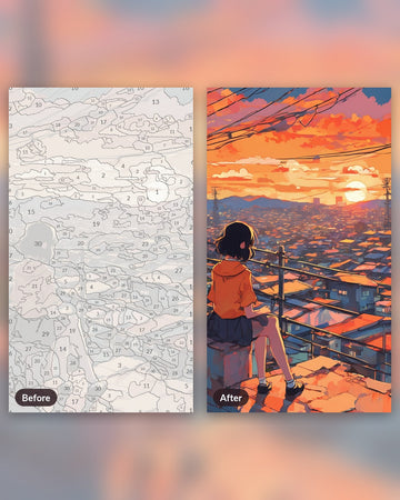 Anime Rooftop Sunset paint by numbers kit, before and after