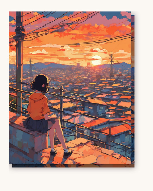 Anime Rooftop Sunset paint by numbers kit on stretched canvas