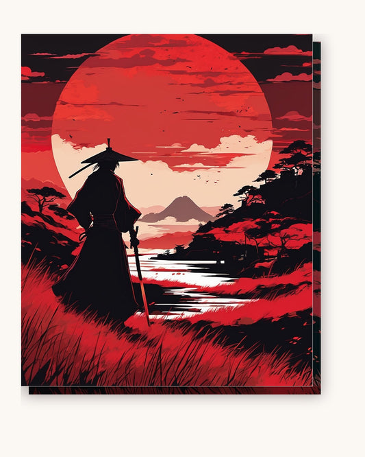 Anime Samurai under a Red Moon paint by numbers kit on stretched canvas
