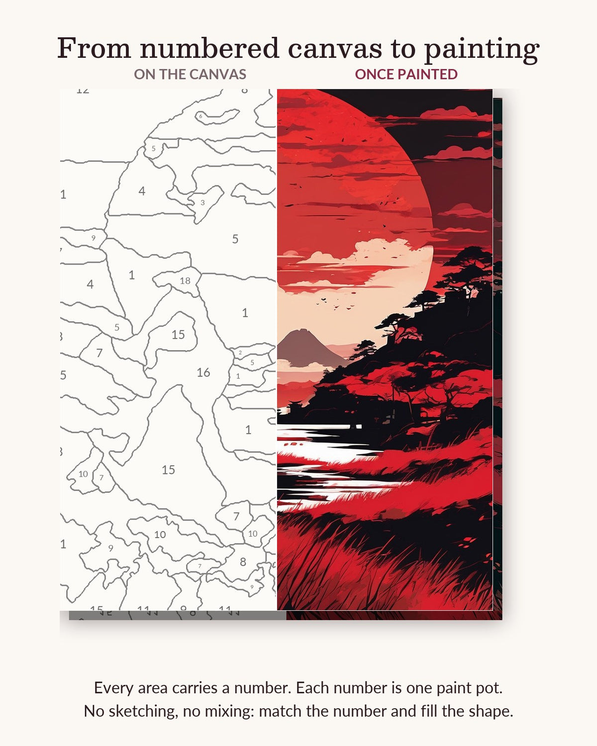 Anime Samurai under a Red Moon numbered canvas next to the finished painting