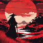 Anime Samurai under a Red Moon paint by numbers kit, samurai silhouette in a straw hat on a hill under a huge red moon