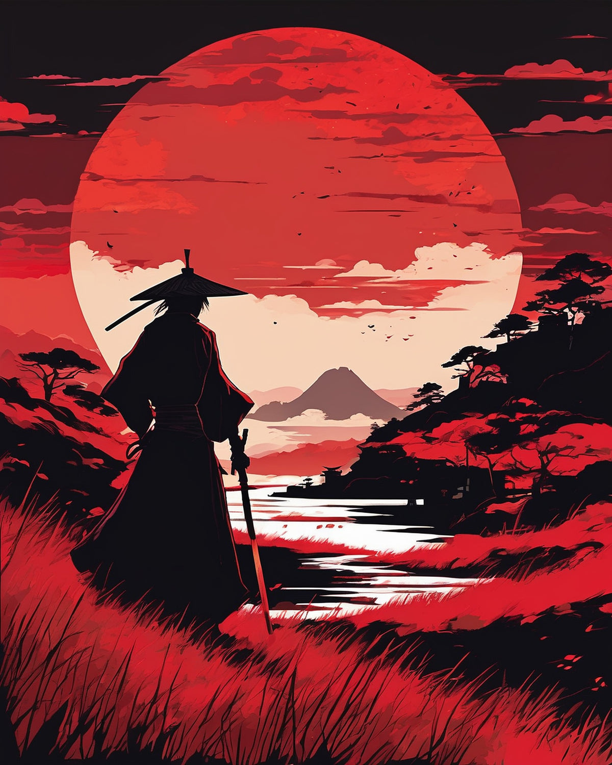 Anime Samurai under a Red Moon paint by numbers kit, samurai silhouette in a straw hat on a hill under a huge red moon
