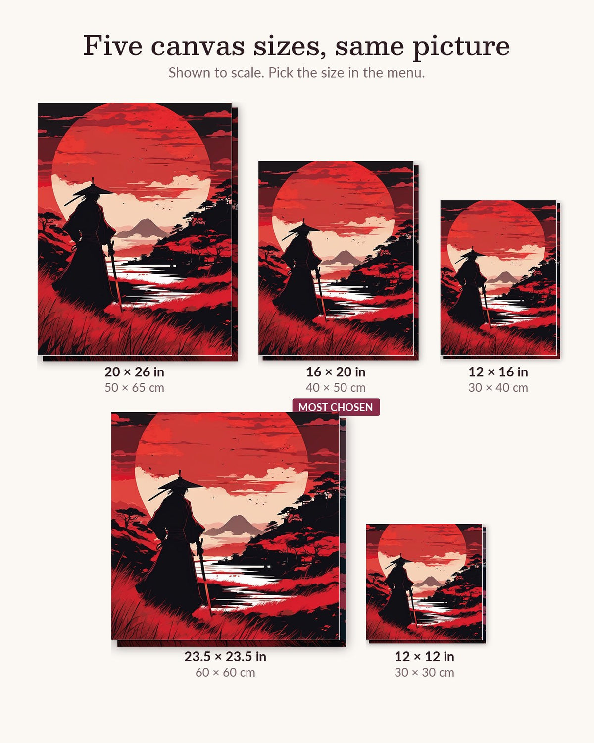 Anime Samurai under a Red Moon canvas sizes from 12 x 12 to 23.5 x 23.5 inches
