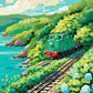 Anime Seaside Railway paint by numbers kit, a small green train running beside a turquoise sea in summer