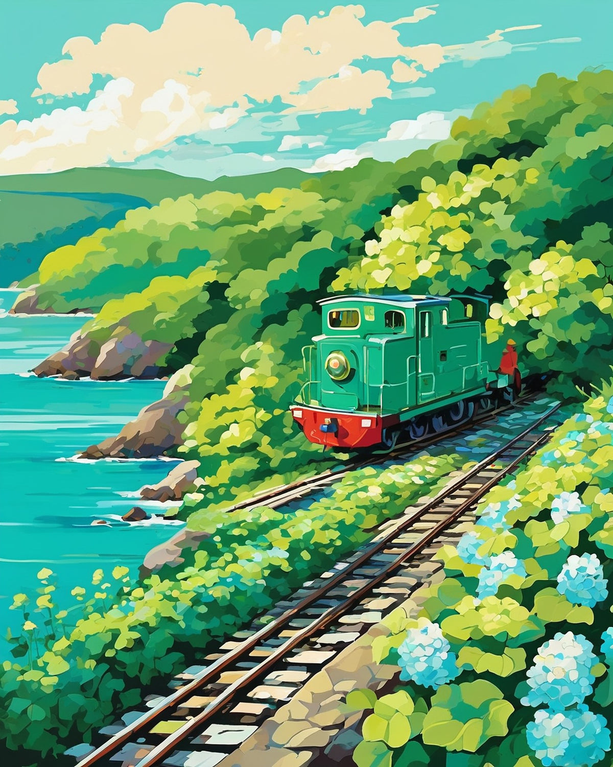 Anime Seaside Railway paint by numbers kit, a small green train running beside a turquoise sea in summer