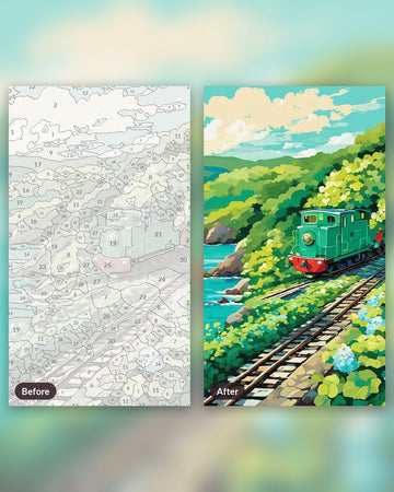 Anime Seaside Railway paint by numbers kit, before and after