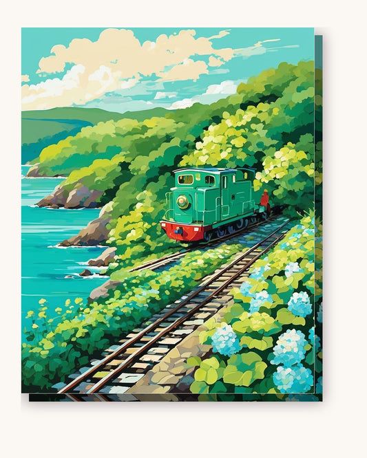 Anime Seaside Railway paint by numbers kit on stretched canvas