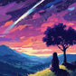 Anime Shooting Star Night paint by numbers kit, girl seated under a tree on a hill watching a shooting star in a violet night sky