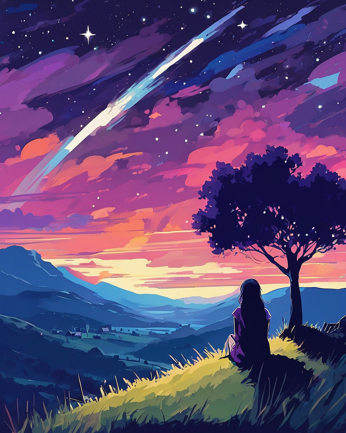 Anime Shooting Star Night paint by numbers kit, girl seated under a tree on a hill watching a shooting star in a violet night sky