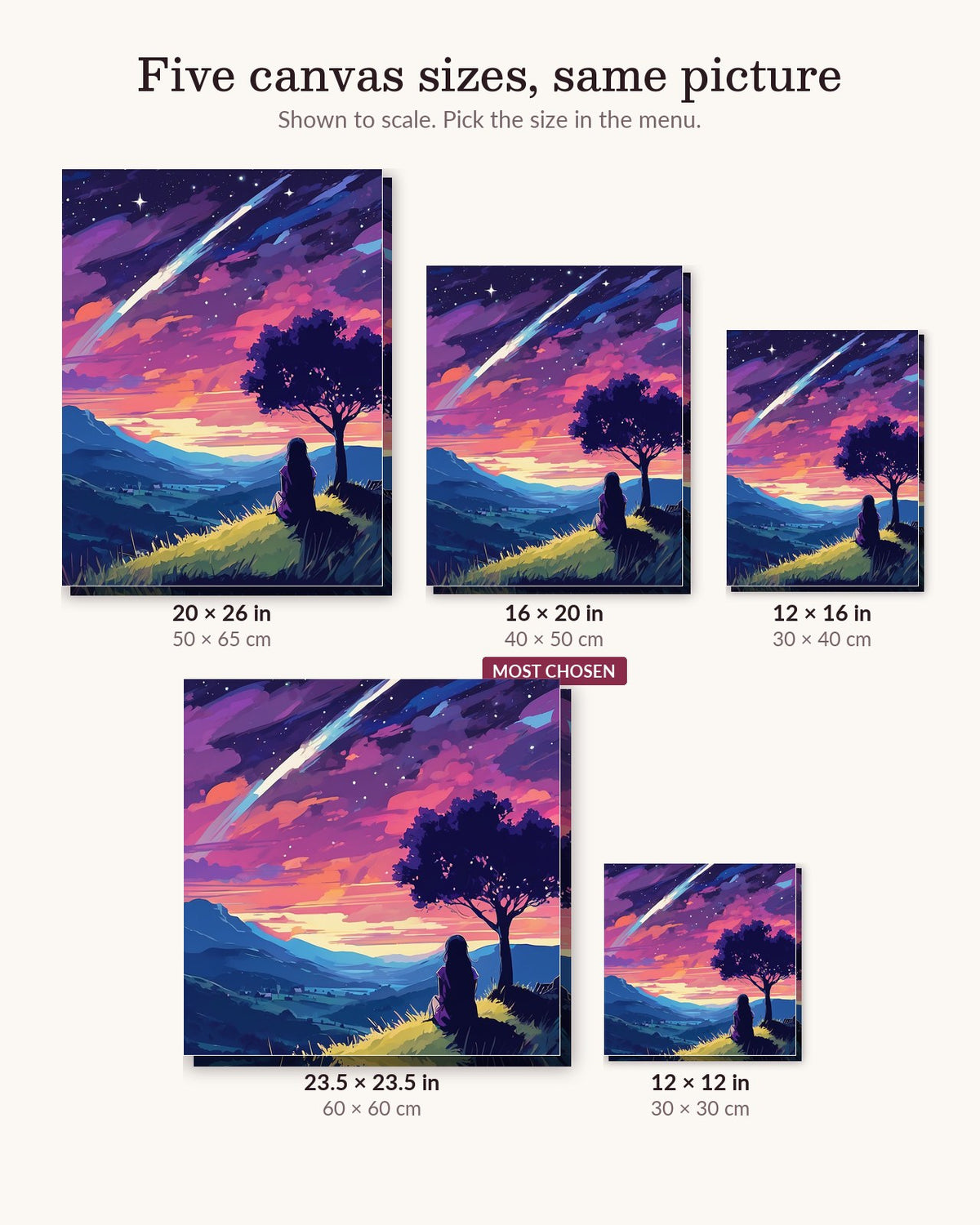 Anime Shooting Star Night canvas sizes from 12 x 12 to 23.5 x 23.5 inches