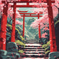 Anime Shrine Steps in Spring paint by numbers kit, stone steps through cherry blossom trees up to a red torii gate