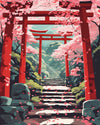 Anime Shrine Steps in Spring paint by numbers kit, stone steps through cherry blossom trees up to a red torii gate