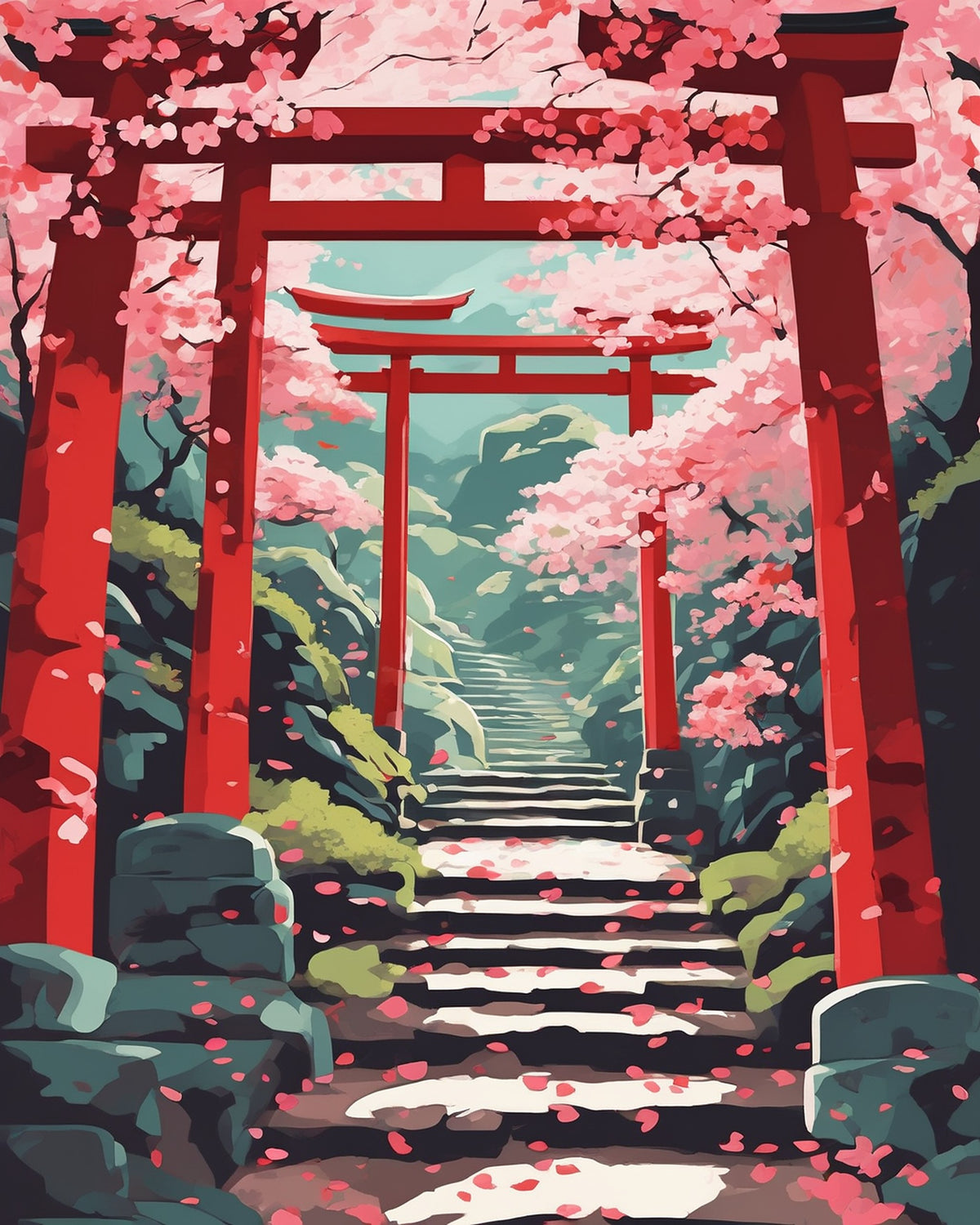 Anime Shrine Steps in Spring paint by numbers kit, stone steps through cherry blossom trees up to a red torii gate