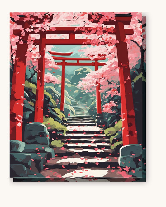 Anime Shrine Steps in Spring paint by numbers kit on stretched canvas