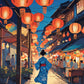 Anime Summer Festival Night paint by numbers kit, girl in a blue kimono walking under paper lanterns past festival food stalls