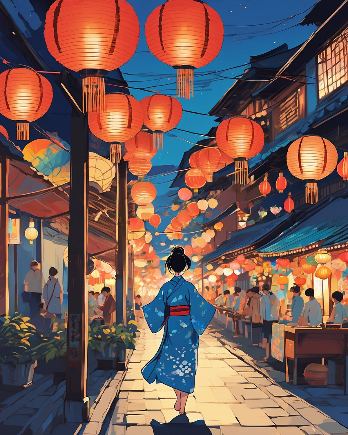 Anime Summer Festival Night paint by numbers kit, girl in a blue kimono walking under paper lanterns past festival food stalls