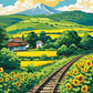 Anime Summer Railway Crossing paint by numbers kit, an empty countryside railway line through sunflowers under tall summer clouds
