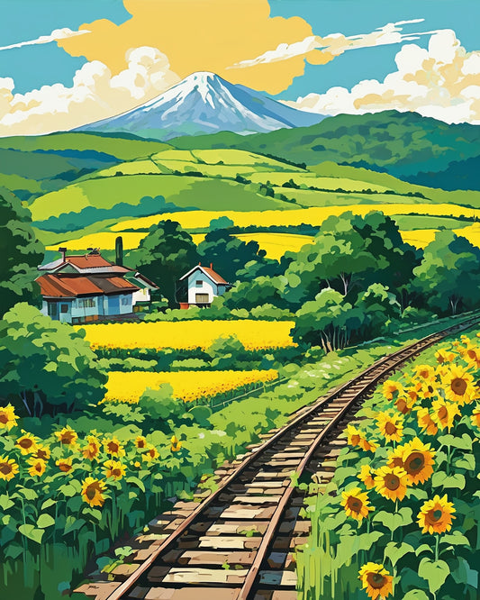 Anime Summer Railway Crossing paint by numbers kit, an empty countryside railway line through sunflowers under tall summer clouds