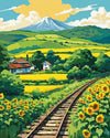 Anime Summer Railway Crossing paint by numbers kit, an empty countryside railway line through sunflowers under tall summer clouds