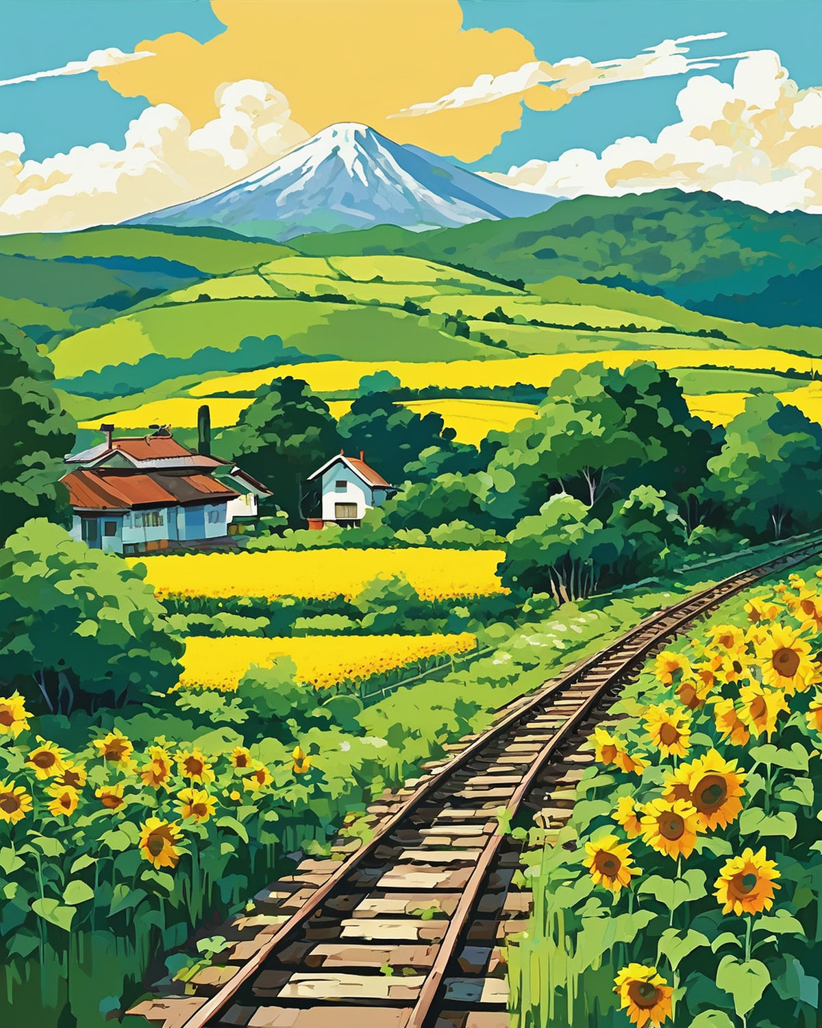 Anime Summer Railway Crossing paint by numbers kit, an empty countryside railway line through sunflowers under tall summer clouds