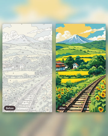 Anime Summer Railway Crossing paint by numbers kit, before and after