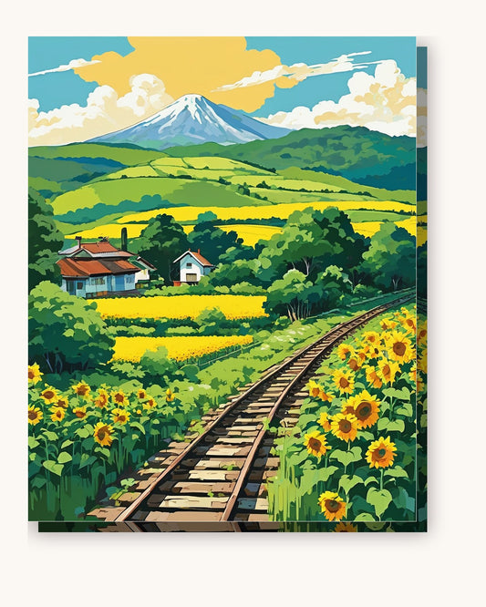 Anime Summer Railway Crossing paint by numbers kit on stretched canvas