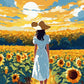 Anime Sunflower Field paint by numbers kit, girl in white dress and straw hat seen from behind in a sunflower field under a summer sky