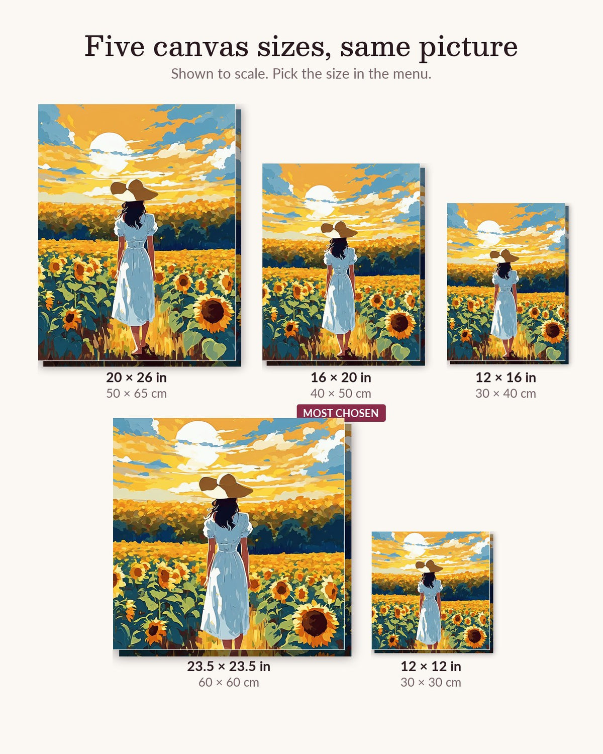 Anime Sunflower Field canvas sizes from 12 x 12 to 23.5 x 23.5 inches