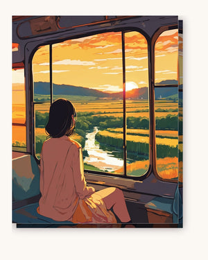 Anime Train Window at Sunset paint by numbers kit on stretched canvas