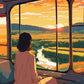 Anime Train Window at Sunset paint by numbers kit, girl seen from behind at a train window watching a golden sunset over fields and a river