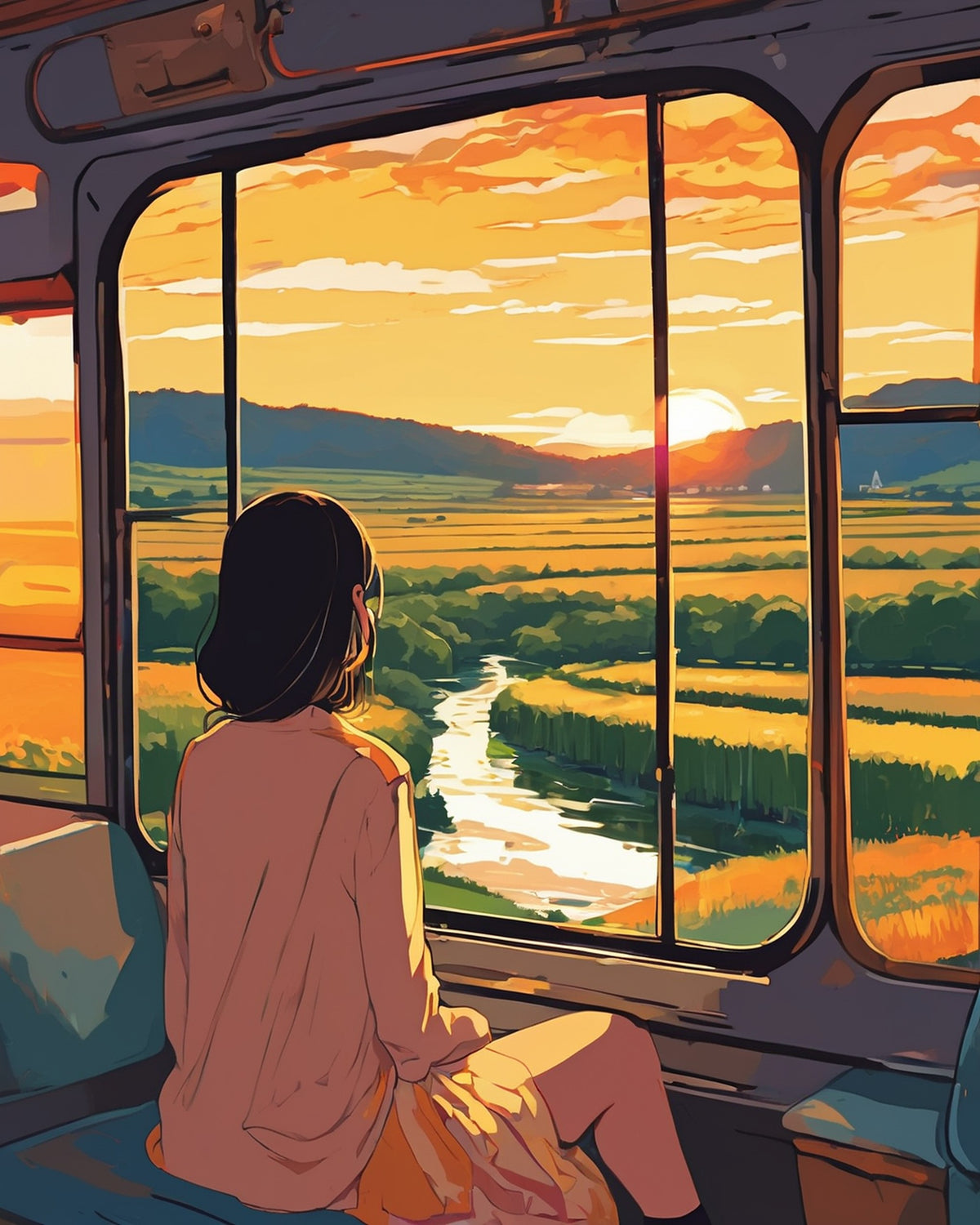 Anime Train Window at Sunset paint by numbers kit, girl seen from behind at a train window watching a golden sunset over fields and a river