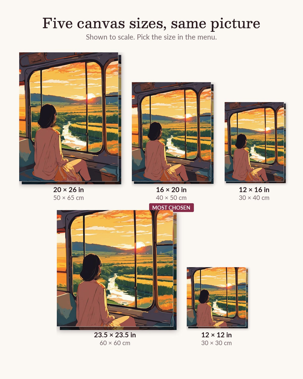 Anime Train Window at Sunset canvas sizes from 12 x 12 to 23.5 x 23.5 inches