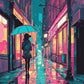 Anime Umbrella in the Rain paint by numbers kit, a girl with a blue umbrella walking down a rainy city street at dusk