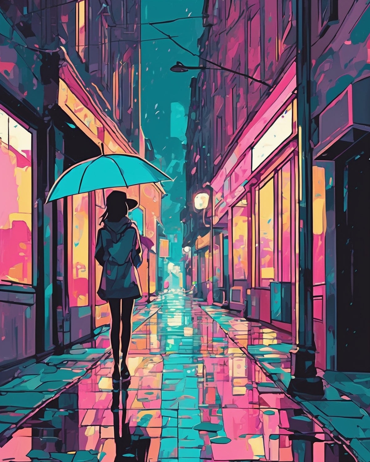 Anime Umbrella in the Rain paint by numbers kit, a girl with a blue umbrella walking down a rainy city street at dusk