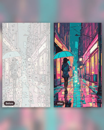 Anime Umbrella in the Rain paint by numbers kit, before and after