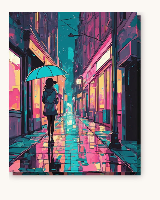 Anime Umbrella in the Rain paint by numbers kit on stretched canvas