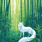 Anime White Fox in the Bamboo Forest paint by numbers kit, white fox with a long tail standing among tall green bamboo