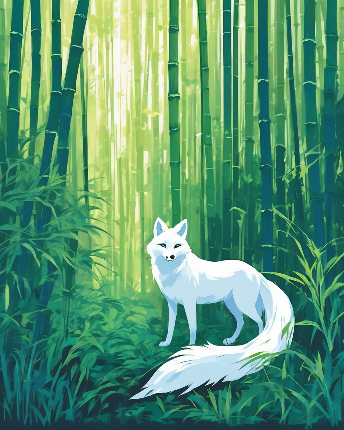 Anime White Fox in the Bamboo Forest paint by numbers kit, white fox with a long tail standing among tall green bamboo