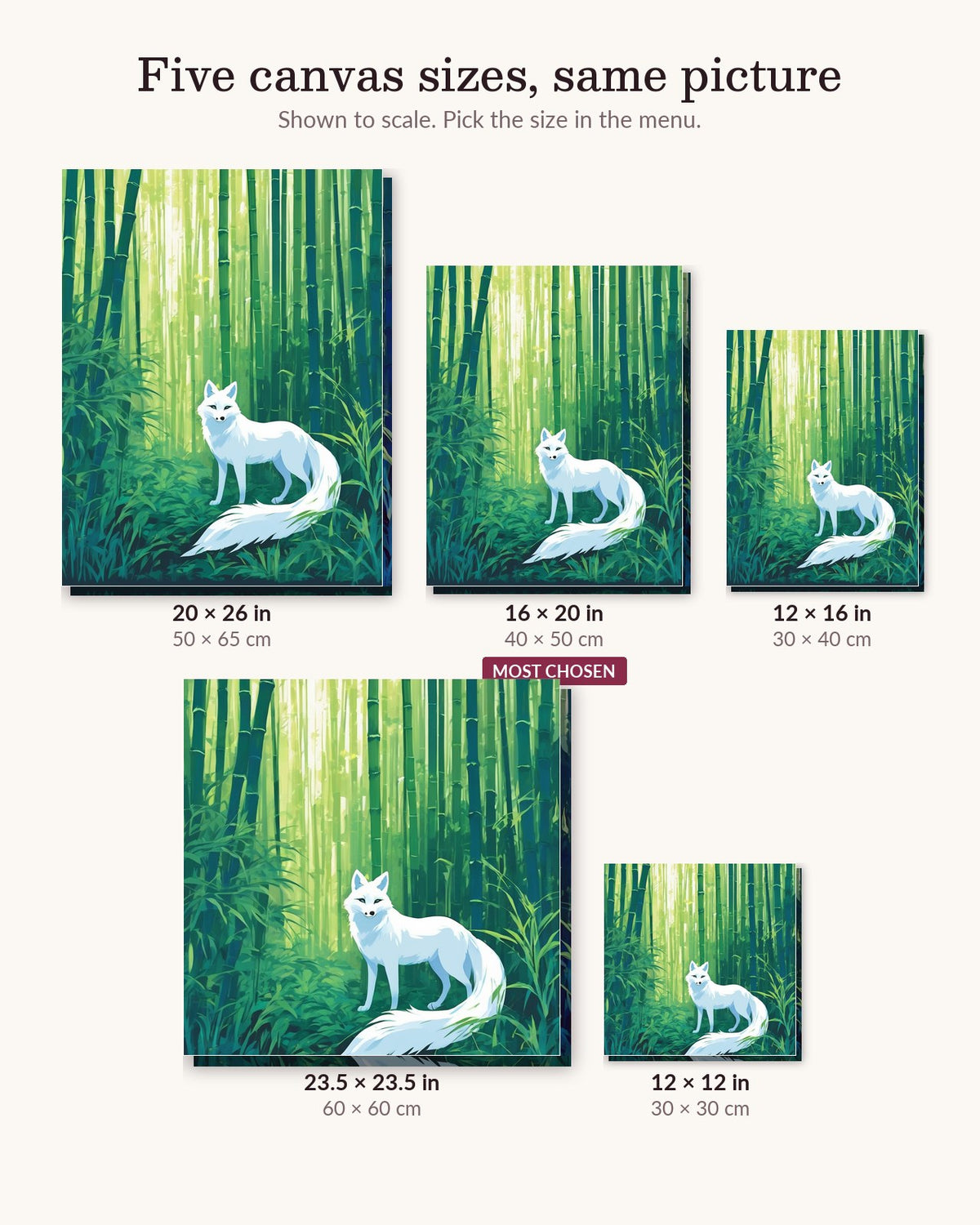 Anime White Fox in the Bamboo Forest canvas sizes from 12 x 12 to 23.5 x 23.5 inches