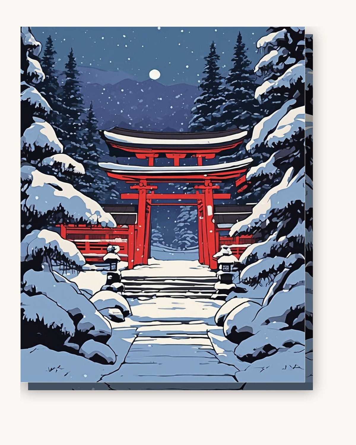 Anime Winter Shrine at Night paint by numbers kit on stretched canvas