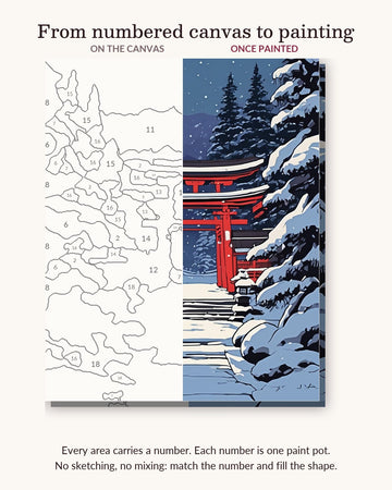 Anime Winter Shrine at Night numbered canvas next to the finished painting