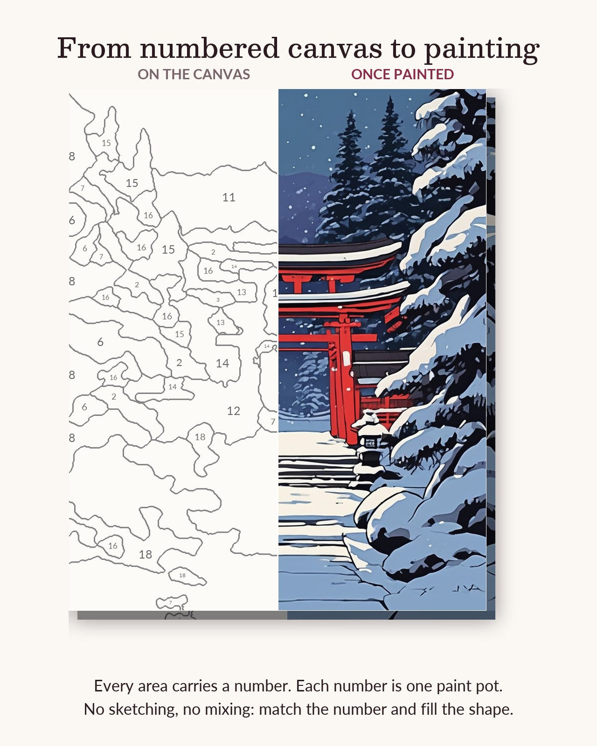 Anime Winter Shrine at Night numbered canvas next to the finished painting
