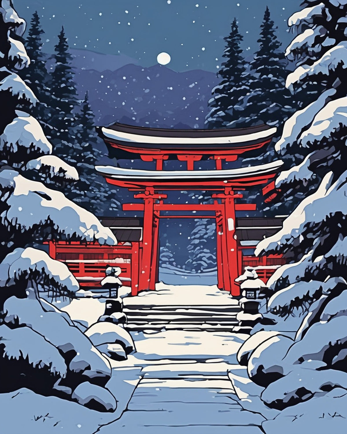 Anime Winter Shrine at Night paint by numbers kit, red shrine gate above snowy stone steps with lanterns and pines under falling snow