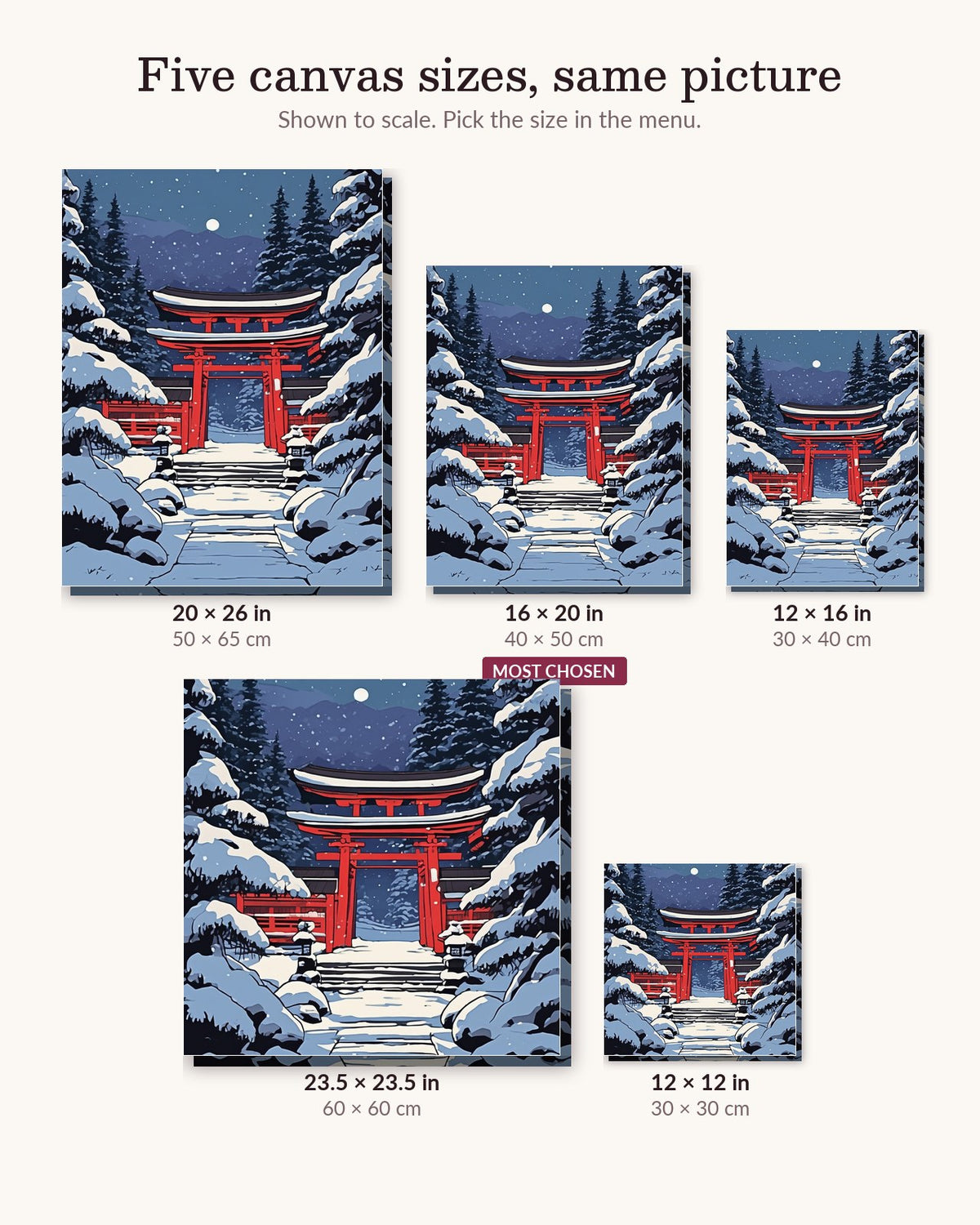 Anime Winter Shrine at Night canvas sizes from 12 x 12 to 23.5 x 23.5 inches