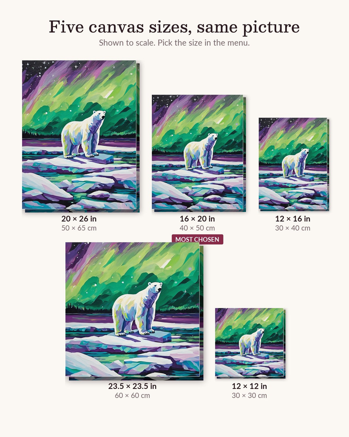 Arctic Bear on the Aurora Ice canvas sizes from 12 x 12 to 23.5 x 23.5 inches