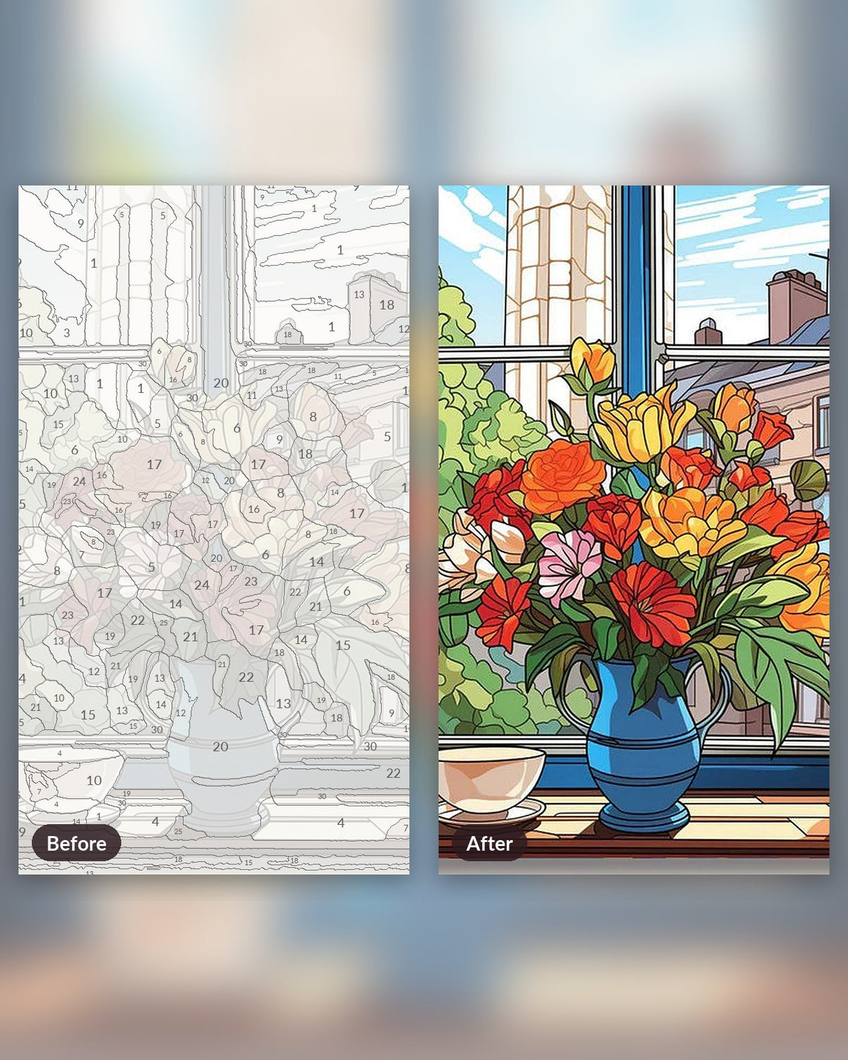 Aromatic View paint by numbers kit, before and after