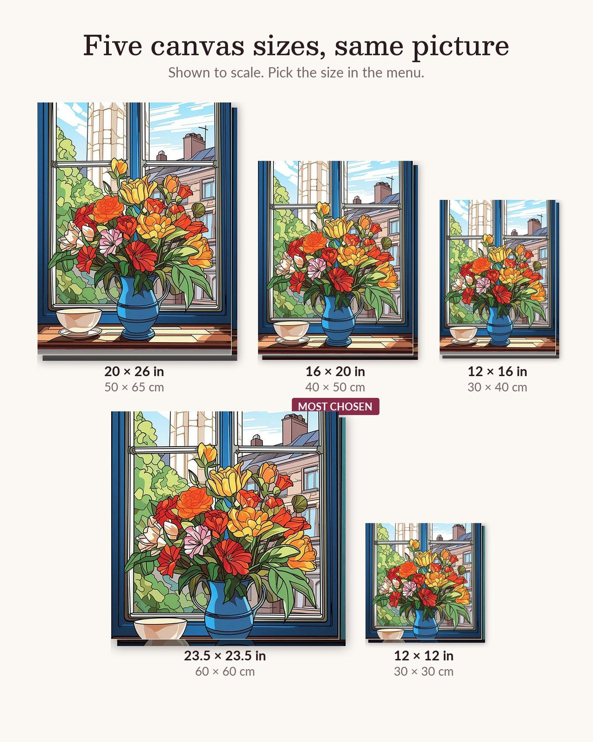 Aromatic View canvas sizes from 12 x 12 to 23.5 x 23.5 inches